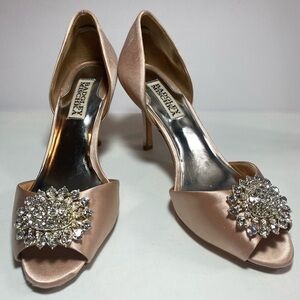 Badgley Mischka Women's Satin Peep-Toe Heels - Champagne with Crystal Features